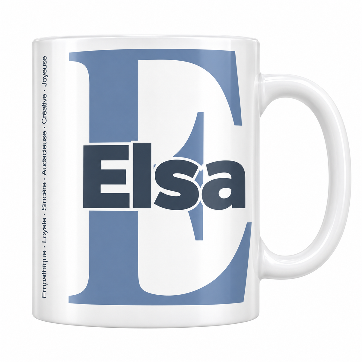 Mug blanc céramique 330 ml prénom Elsa : grande initiale E, prénom Elsa en lettres bold et six qualités verticales sur le côté