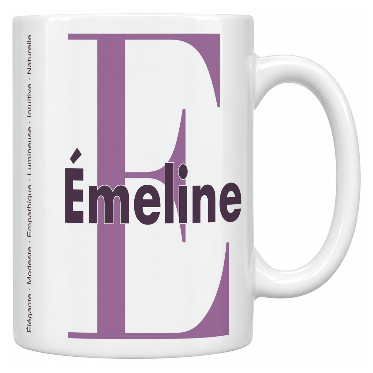 Mug blanc céramique 330 ml prénom Émeline : grande initiale E, prénom Émeline en lettres bold et six qualités verticales sur le côté