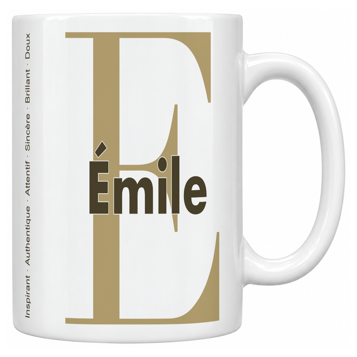 Mug blanc céramique 330 ml prénom Émile : grande initiale E, prénom Émile en lettres bold et six qualités verticales sur le côté