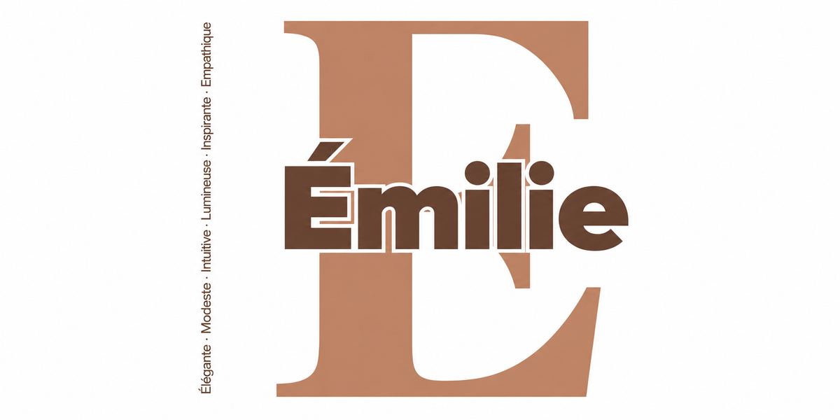 Visuel à plat du mug prénom Émilie : initiale E pleine hauteur, prénom Émilie centré et ligne verticale « Élégante · Modeste · Intuitive · Lumineuse · Inspirante · Empathique »