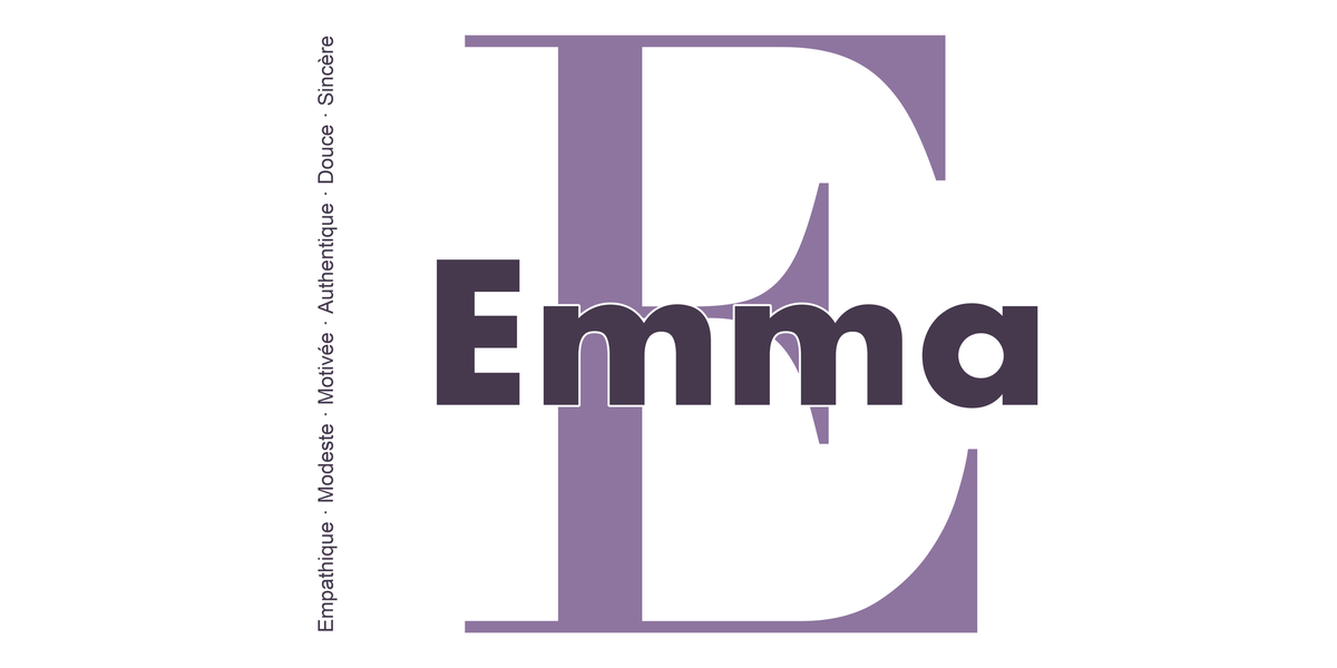 Visuel à plat du mug prénom Emma : initiale E pleine hauteur, prénom Emma centré et ligne verticale « Empathique · Modeste · Motivée · Authentique · Douce · Sincère »