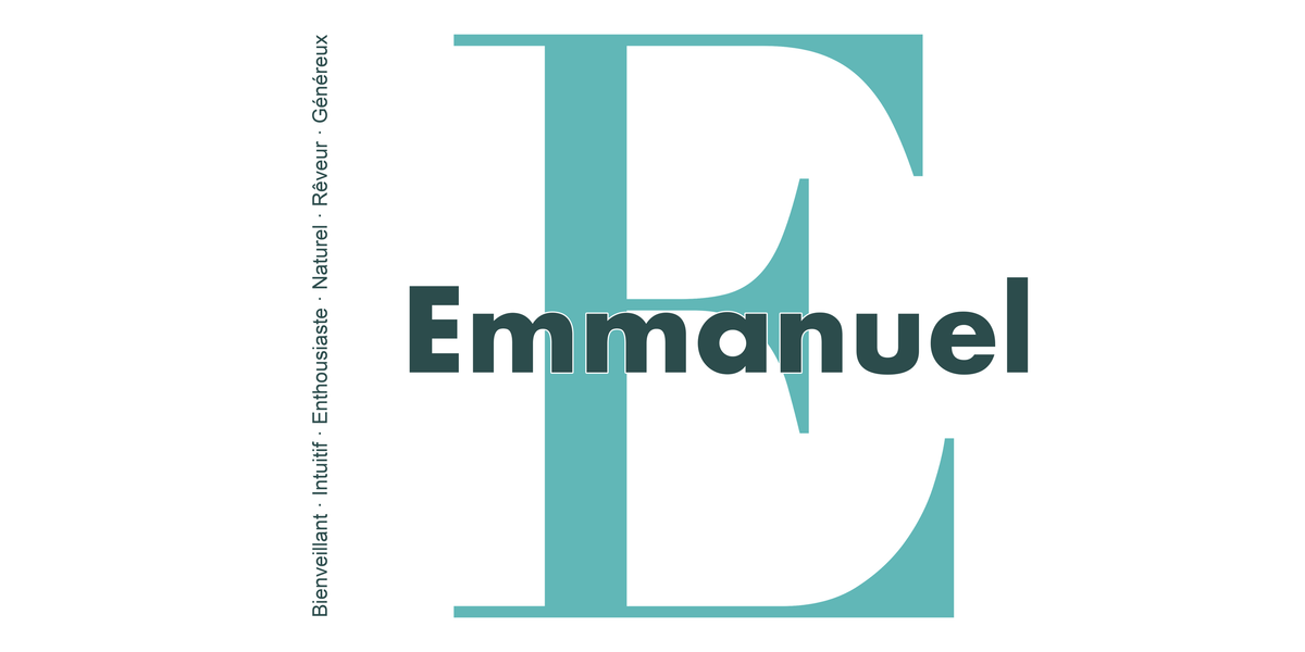 Visuel à plat du mug prénom Emmanuel : initiale E pleine hauteur, prénom Emmanuel centré et ligne verticale « Bienveillant · Intuitif · Enthousiaste · Naturel · Rêveur · Généreux »