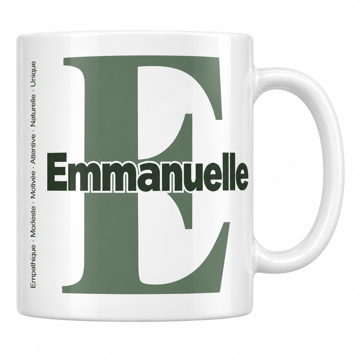 Mug blanc céramique 330 ml prénom Emmanuelle : grande initiale E, prénom Emmanuelle en lettres bold et six qualités verticales sur le côté
