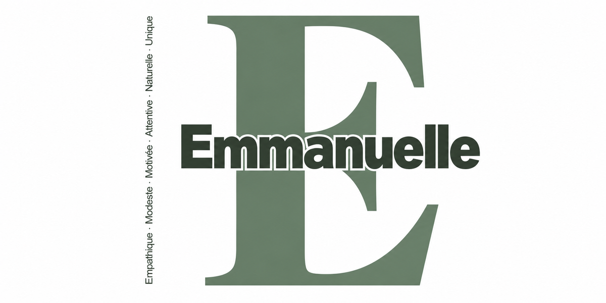 Visuel à plat du mug prénom Emmanuelle : initiale E pleine hauteur, prénom Emmanuelle centré et ligne verticale « Empathique · Modeste · Motivée · Attentive · Naturelle · Unique »