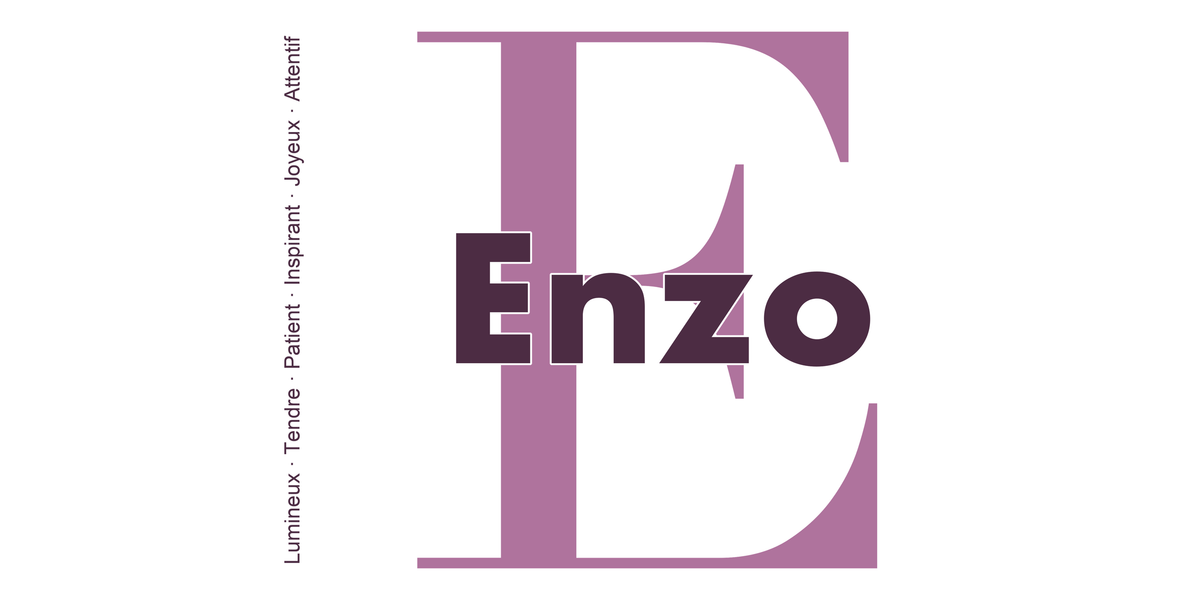 Visuel à plat du mug prénom Enzo : initiale E pleine hauteur, prénom Enzo centré et ligne verticale « Lumineux · Tendre · Patient · Inspirant · Joyeux · Attentif »