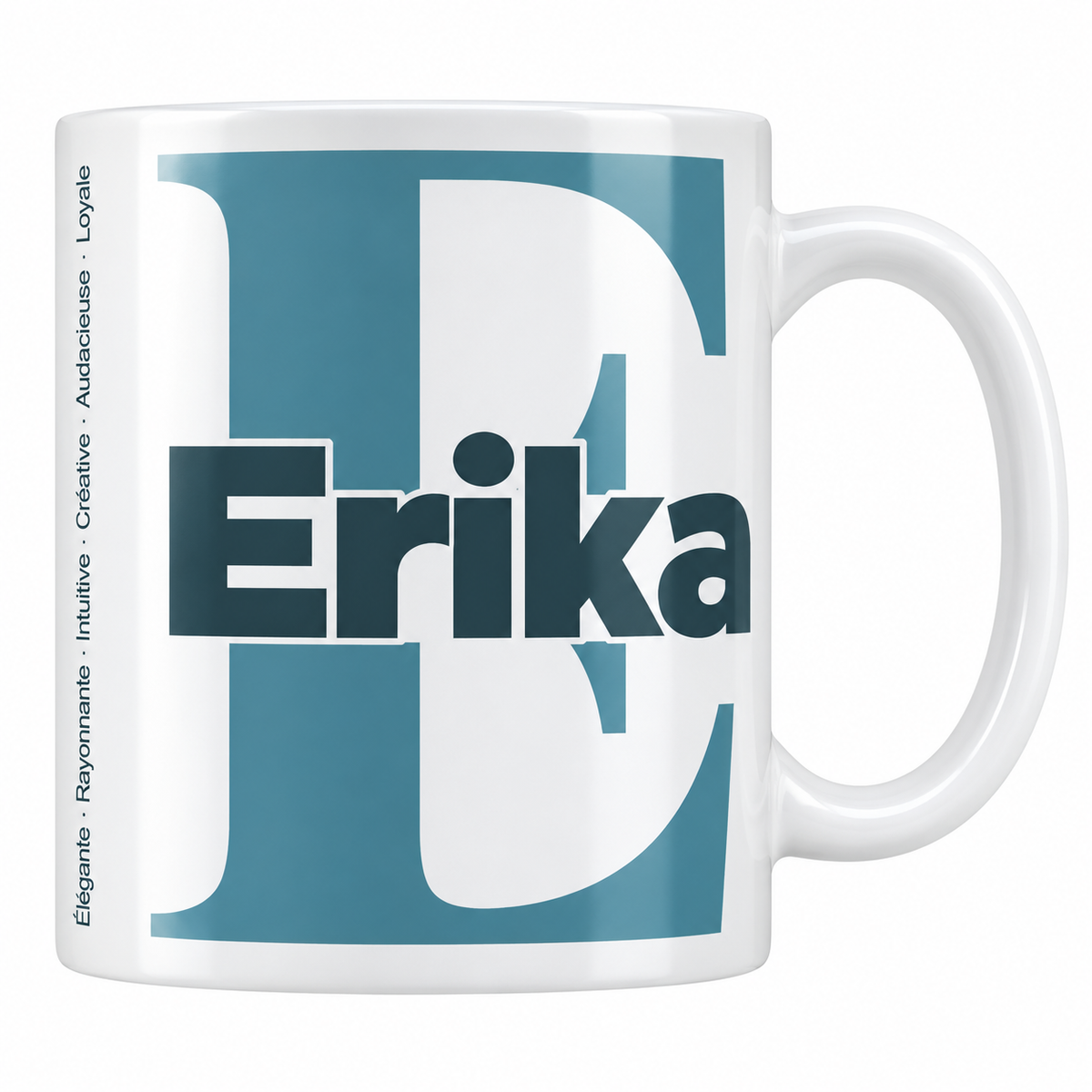 Mug blanc céramique 330 ml prénom Erika : grande initiale E, prénom Erika en lettres bold et six qualités verticales sur le côté