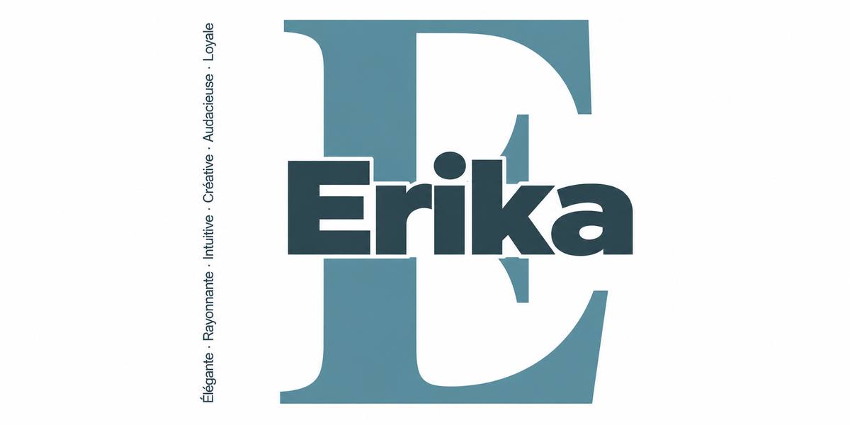 Visuel à plat du mug prénom Erika : initiale E pleine hauteur, prénom Erika centré et ligne verticale « Élégante · Rayonnante · Intuitive · Créative · Audacieuse · Loyale »