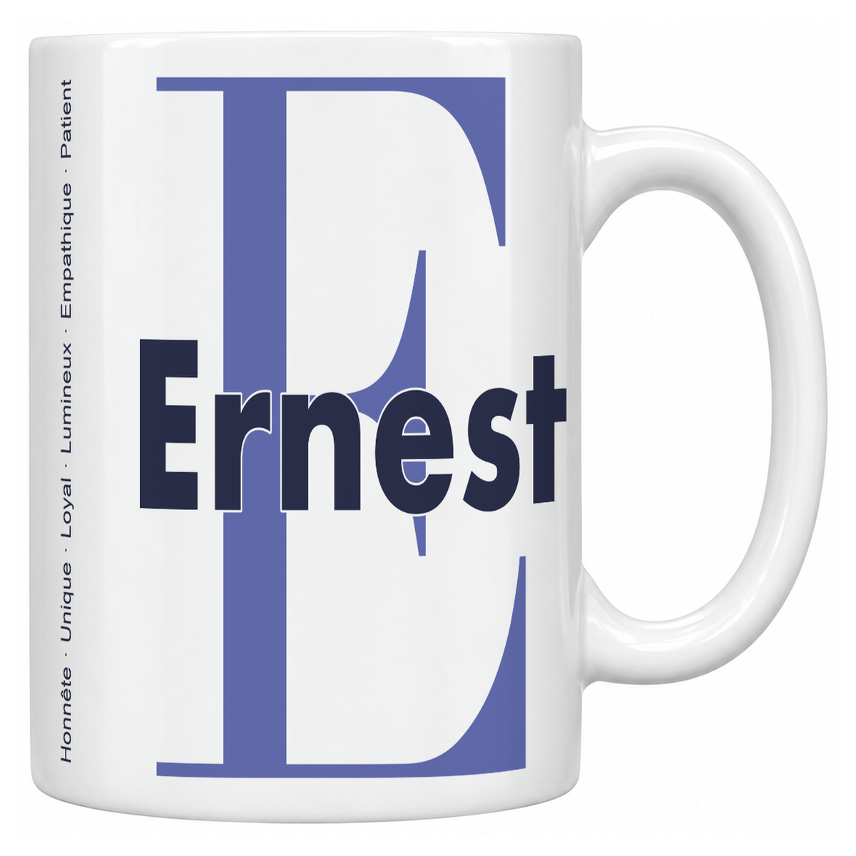 Mug blanc céramique 330 ml prénom Ernest : grande initiale E, prénom Ernest en lettres bold et six qualités verticales sur le côté
