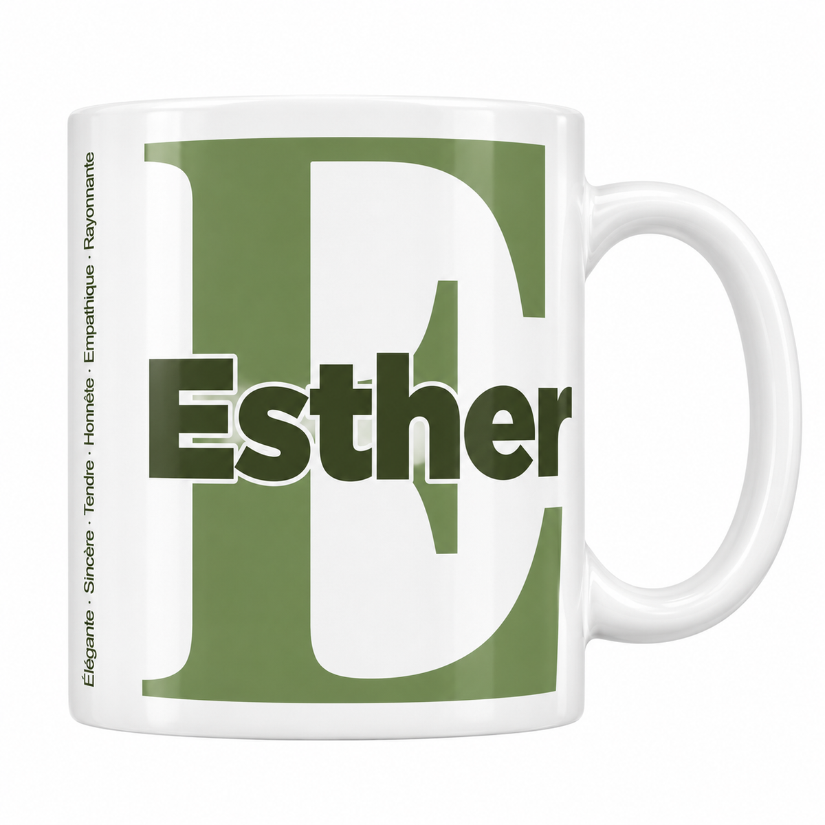 Mug blanc céramique 330 ml prénom Esther : grande initiale E, prénom Esther en lettres bold et six qualités verticales sur le côté