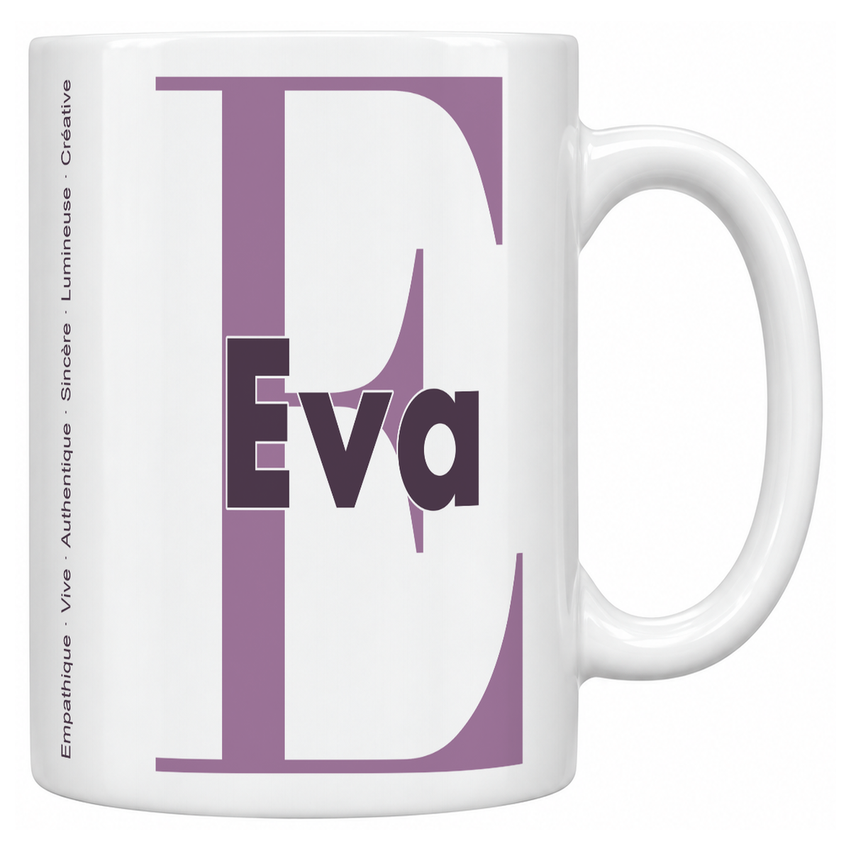 Mug blanc céramique 330 ml prénom Eva : grande initiale E, prénom Eva en lettres bold et six qualités verticales sur le côté