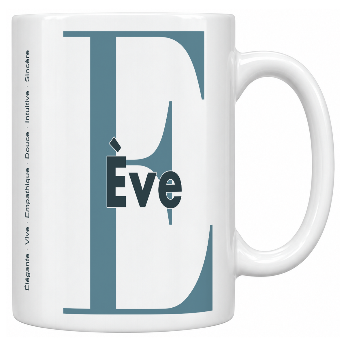 Mug blanc céramique 330 ml prénom Ève : grande initiale E, prénom Ève en lettres bold et six qualités verticales sur le côté