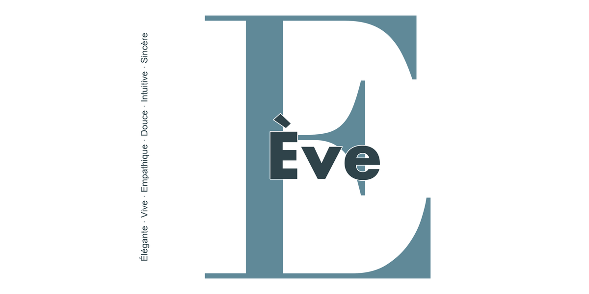 Visuel à plat du mug prénom Ève : initiale E pleine hauteur, prénom Ève centré et ligne verticale « Élégante · Vive · Empathique · Douce · Intuitive · Sincère »