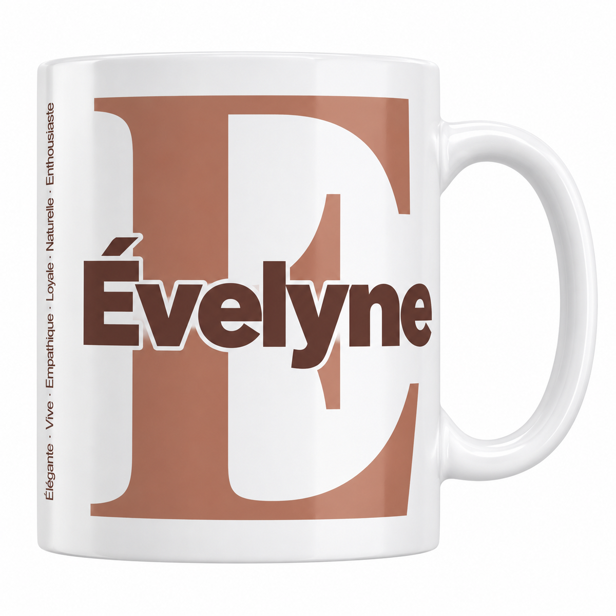 Mug blanc céramique 330 ml prénom Évelyne : grande initiale E, prénom Évelyne en lettres bold et six qualités verticales sur le côté