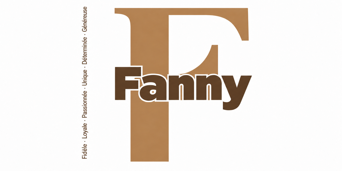 Visuel à plat du mug prénom Fanny : initiale F pleine hauteur, prénom Fanny centré et ligne verticale « Fidèle · Loyale · Passionnée · Unique · Déterminée · Généreuse »