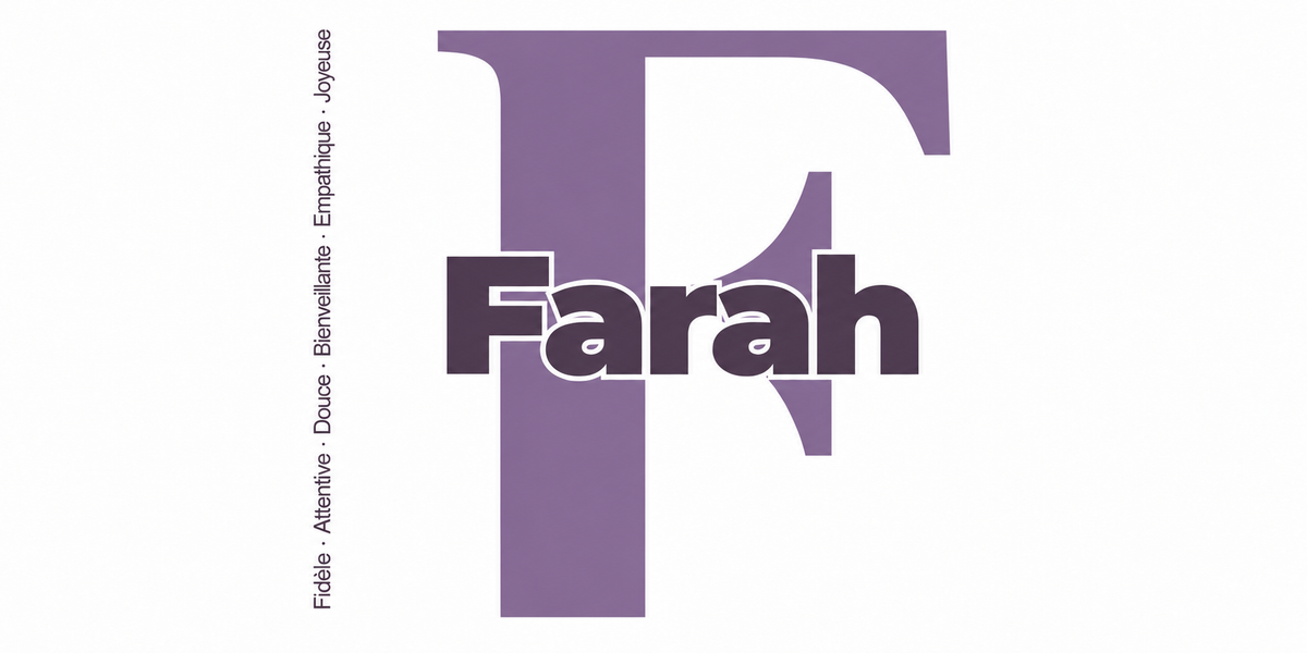 Visuel à plat du mug prénom Farah : initiale F pleine hauteur, prénom Farah centré et ligne verticale « Fidèle · Attentive · Douce · Bienveillante · Empathique · Joyeuse »