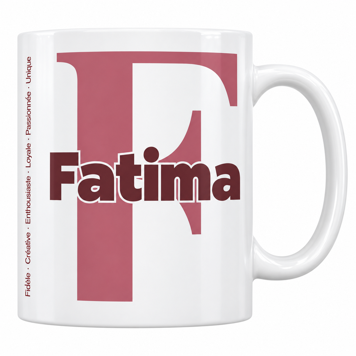 Mug blanc céramique 330 ml prénom Fatima : grande initiale F, prénom Fatima en lettres bold et six qualités verticales sur le côté