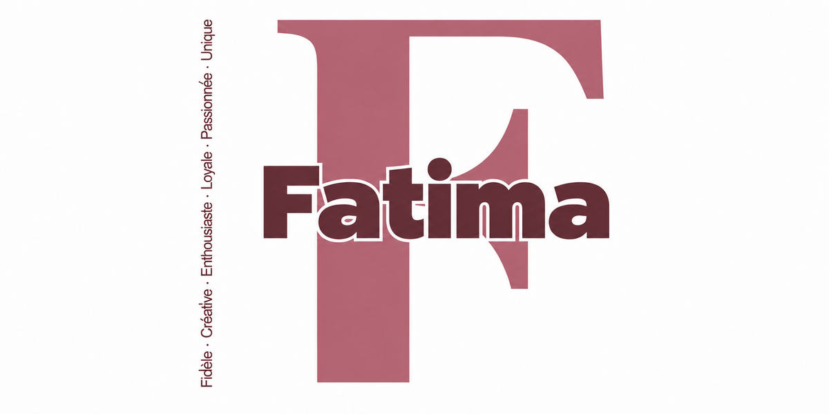 Visuel à plat du mug prénom Fatima : initiale F pleine hauteur, prénom Fatima centré et ligne verticale « Fidèle · Créative · Enthousiaste · Loyale · Passionnée · Unique »