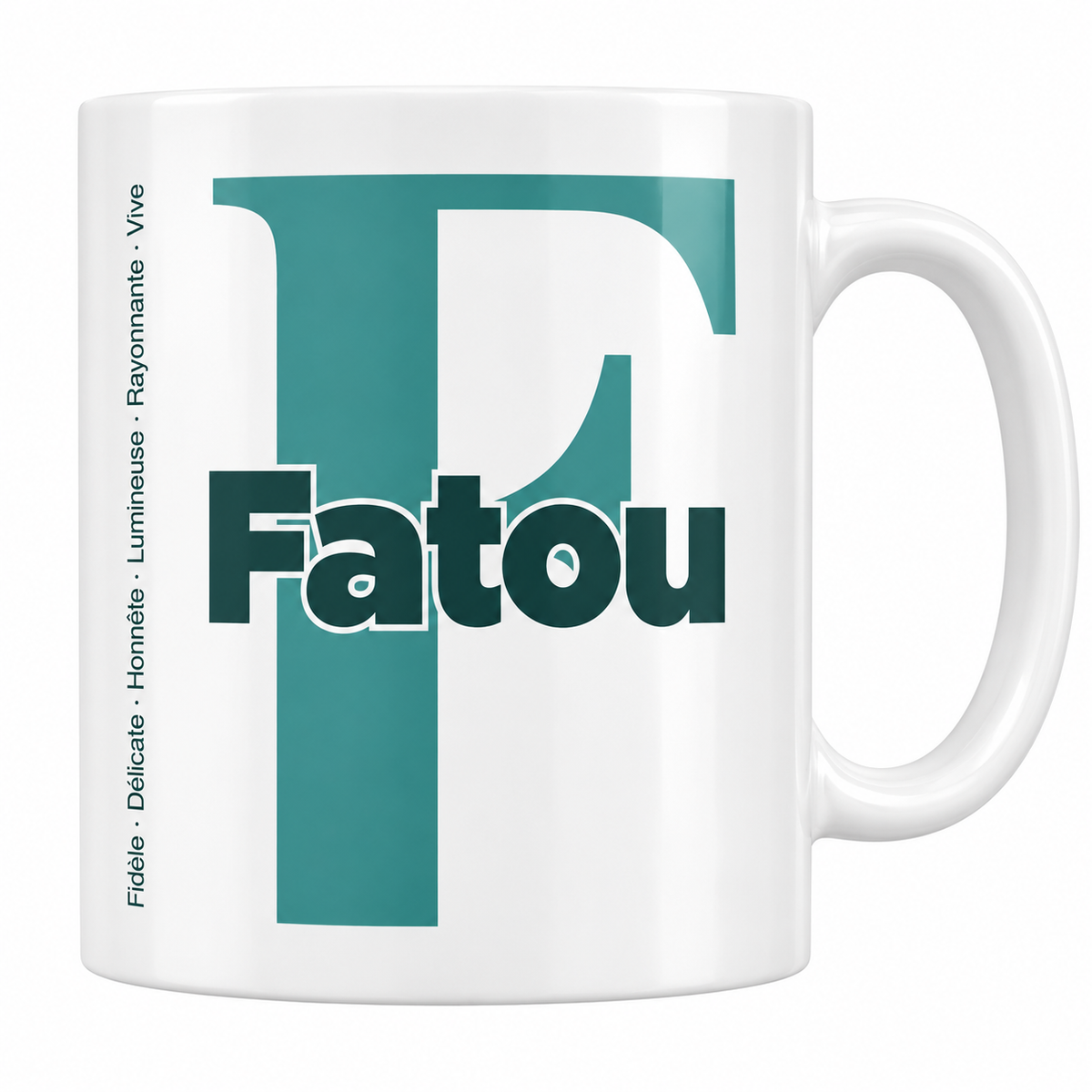 Mug blanc céramique 330 ml prénom Fatou : grande initiale F, prénom Fatou en lettres bold et six qualités verticales sur le côté