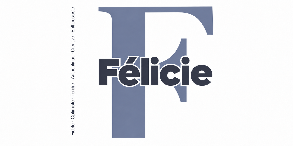 Visuel à plat du mug prénom Félicie : initiale F pleine hauteur, prénom Félicie centré et ligne verticale « Fidèle · Optimiste · Tendre · Authentique · Créative · Enthousiaste »