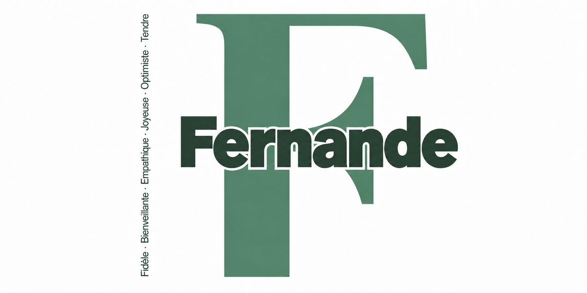 Visuel à plat du mug prénom Fernande : initiale F pleine hauteur, prénom Fernande centré et ligne verticale « Fidèle · Bienveillante · Empathique · Joyeuse · Optimiste · Tendre »