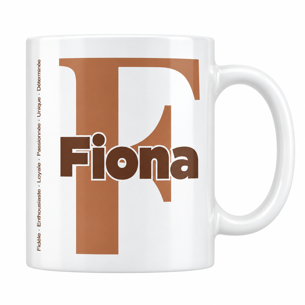 Mug blanc céramique 330 ml prénom Fiona : grande initiale F, prénom Fiona en lettres bold et six qualités verticales sur le côté