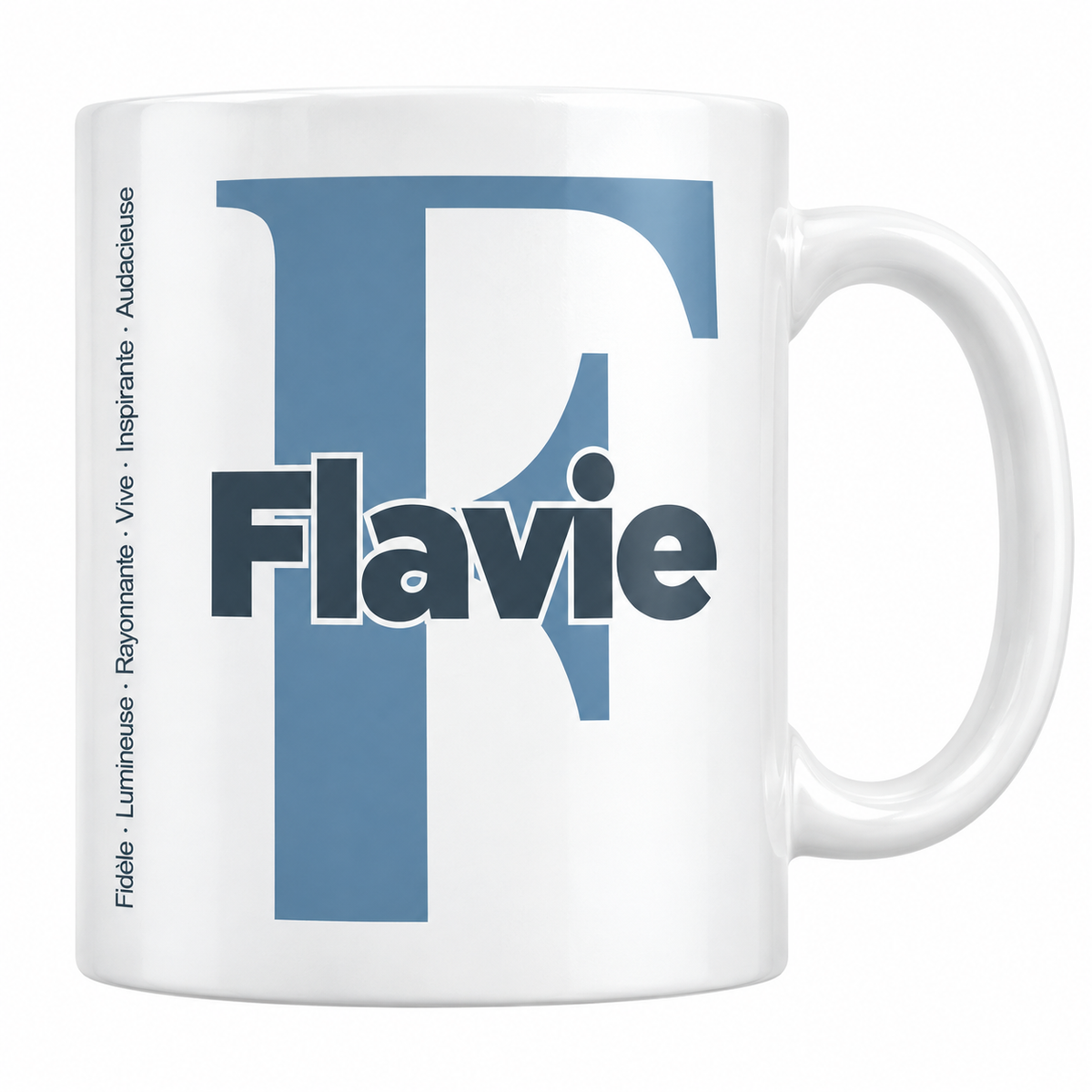 Mug blanc céramique 330 ml prénom Flavie : grande initiale F, prénom Flavie en lettres bold et six qualités verticales sur le côté