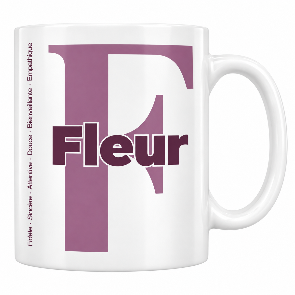Mug blanc céramique 330 ml prénom Fleur : grande initiale F, prénom Fleur en lettres bold et six qualités verticales sur le côté