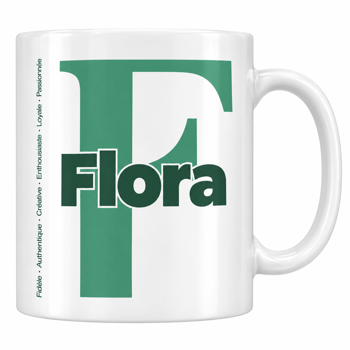 Mug blanc céramique 330 ml prénom Flora : grande initiale F, prénom Flora en lettres bold et six qualités verticales sur le côté