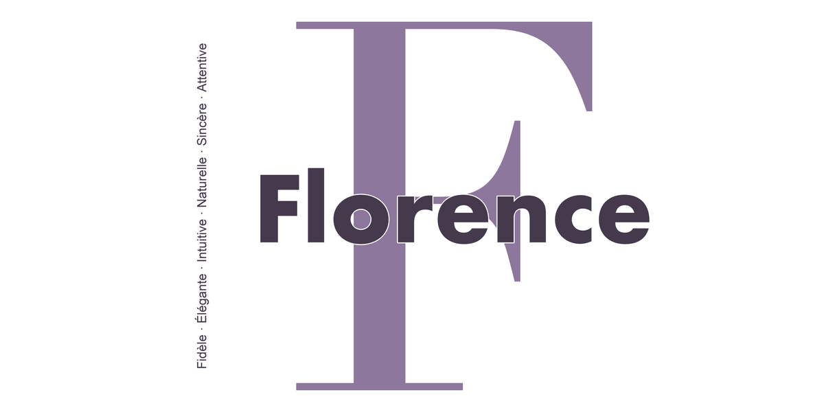 Visuel à plat du mug prénom Florence : initiale F pleine hauteur, prénom Florence centré et ligne verticale « Fidèle · Élégante · Intuitive · Naturelle · Sincère · Attentive »