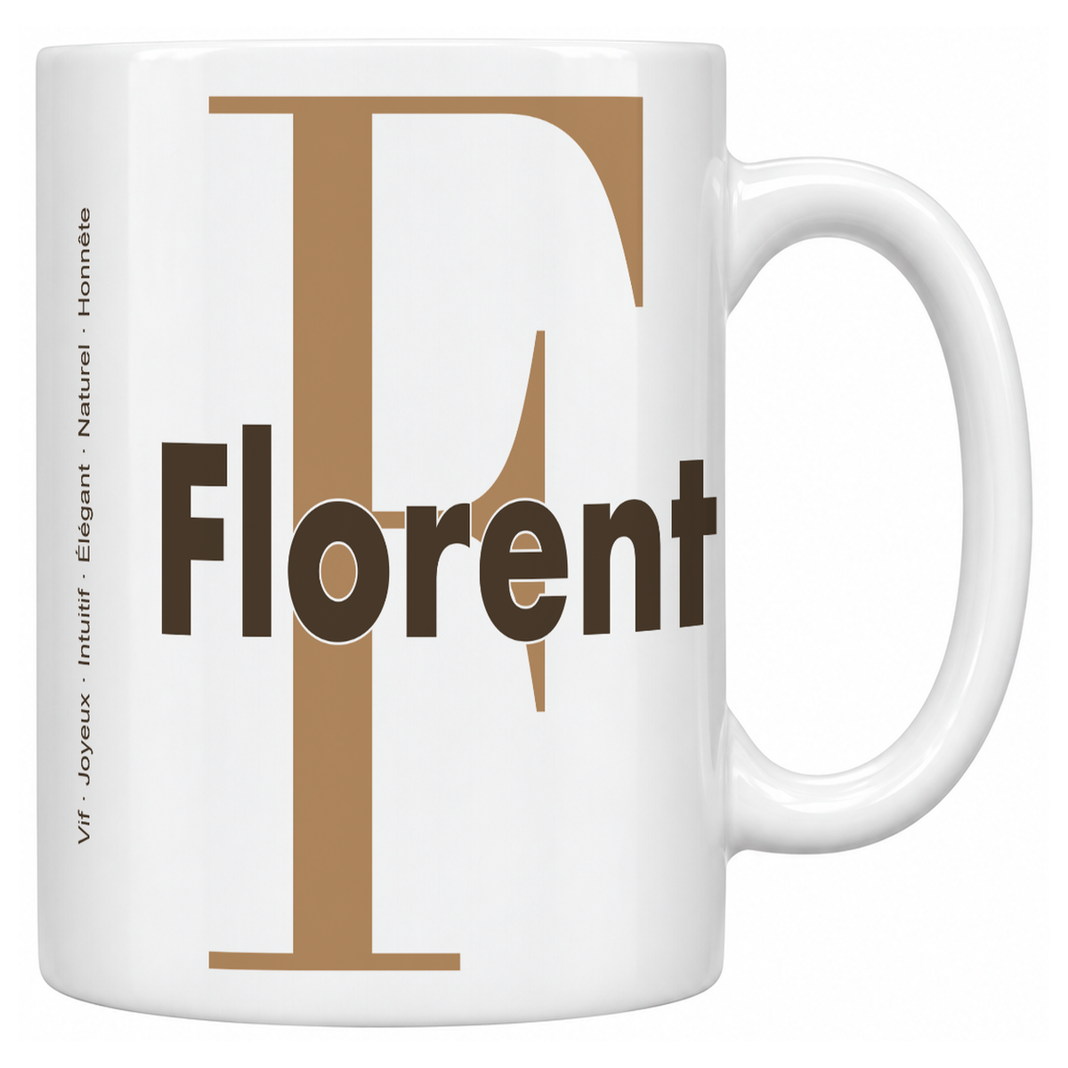 Mug blanc céramique 330 ml prénom Florent : grande initiale F, prénom Florent en lettres bold et six qualités verticales sur le côté