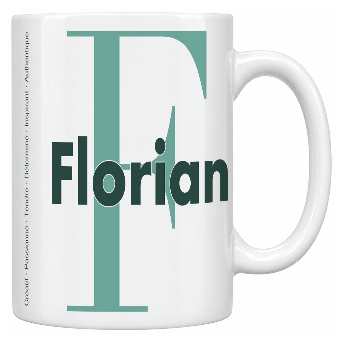 Mug blanc céramique 330 ml prénom Florian : grande initiale F, prénom Florian en lettres bold et six qualités verticales sur le côté