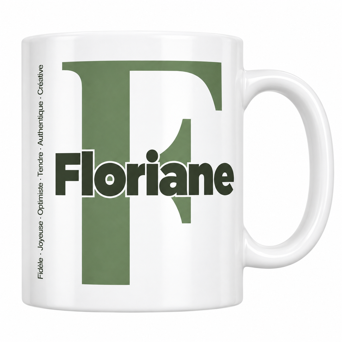 Mug blanc céramique 330 ml prénom Floriane : grande initiale F, prénom Floriane en lettres bold et six qualités verticales sur le côté