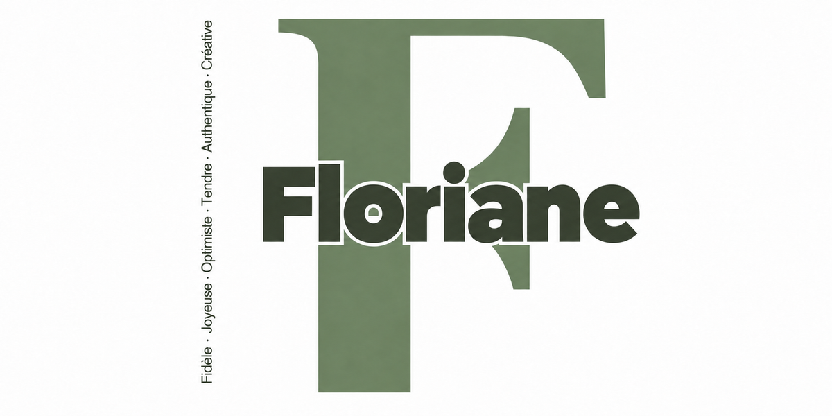 Visuel à plat du mug prénom Floriane : initiale F pleine hauteur, prénom Floriane centré et ligne verticale « Fidèle · Joyeuse · Optimiste · Tendre · Authentique · Créative »
