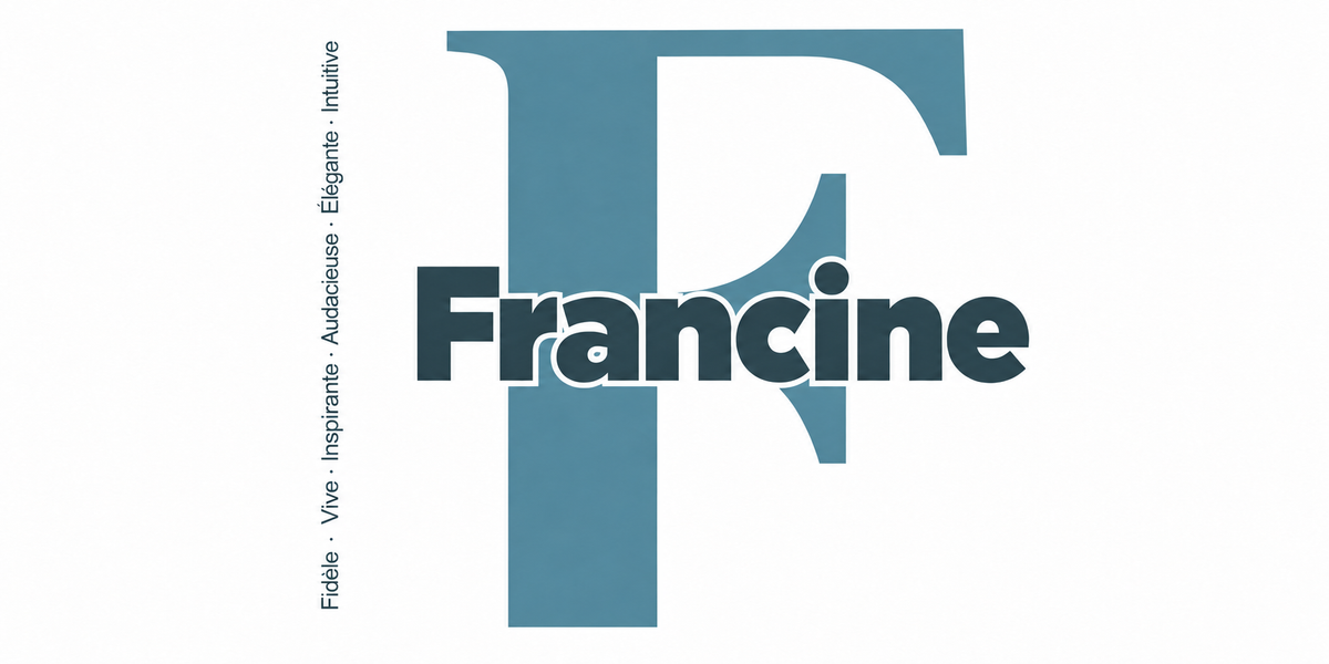 Visuel à plat du mug prénom Francine : initiale F pleine hauteur, prénom Francine centré et ligne verticale « Fidèle · Vive · Inspirante · Audacieuse · Élégante · Intuitive »