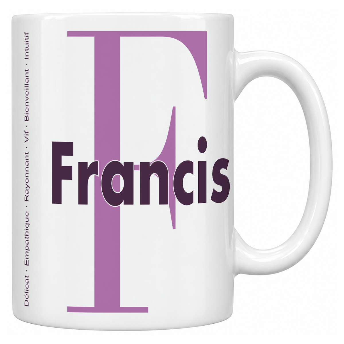 Mug blanc céramique 330 ml prénom Francis : grande initiale F, prénom Francis en lettres bold et six qualités verticales sur le côté