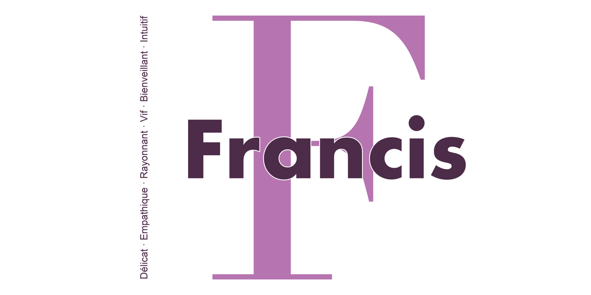 Visuel à plat du mug prénom Francis : initiale F pleine hauteur, prénom Francis centré et ligne verticale « Délicat · Empathique · Rayonnant · Vif · Bienveillant · Intuitif »