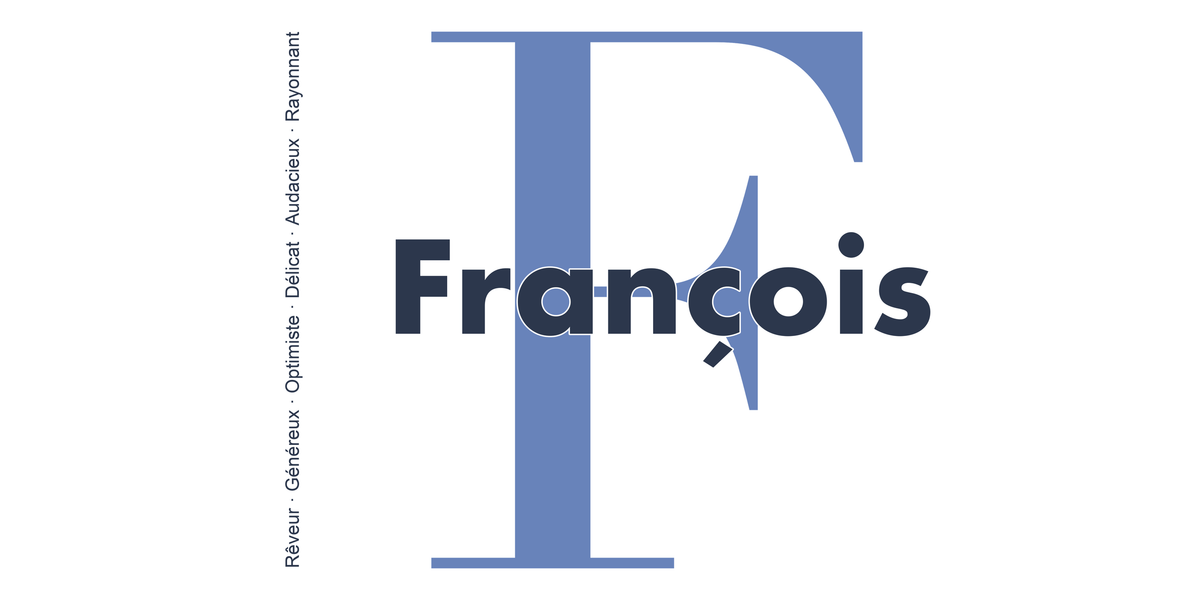 Visuel à plat du mug prénom François : initiale F pleine hauteur, prénom François centré et ligne verticale « Rêveur · Généreux · Optimiste · Délicat · Audacieux · Rayonnant »