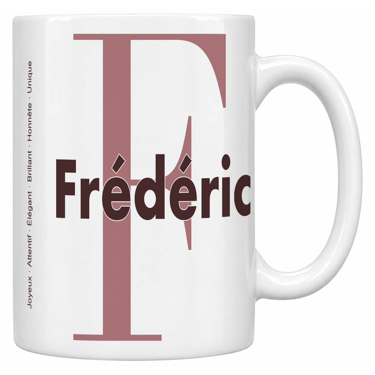 Mug blanc céramique 330 ml prénom Frédéric : grande initiale F, prénom Frédéric en lettres bold et six qualités verticales sur le côté