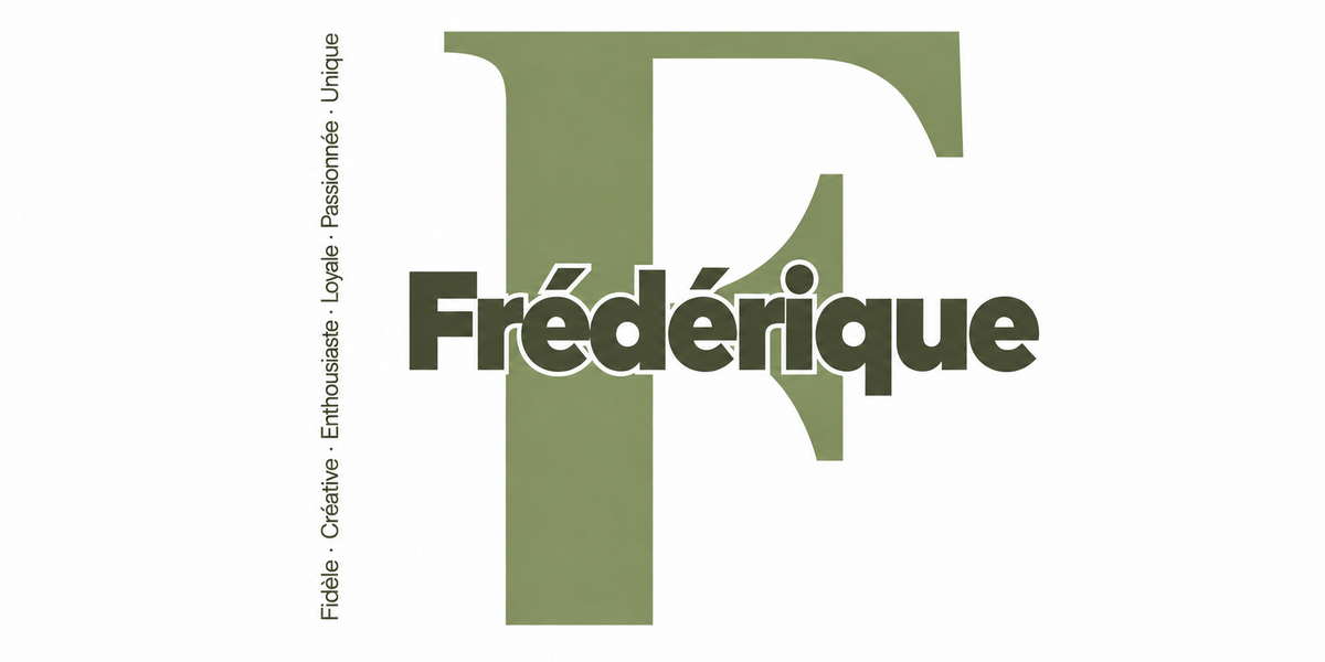 Visuel à plat du mug prénom Frédérique : initiale F pleine hauteur, prénom Frédérique centré et ligne verticale « Fidèle · Créative · Enthousiaste · Loyale · Passionnée · Unique »