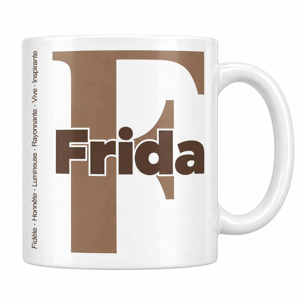 Mug blanc céramique 330 ml prénom Frida : grande initiale F, prénom Frida en lettres bold et six qualités verticales sur le côté