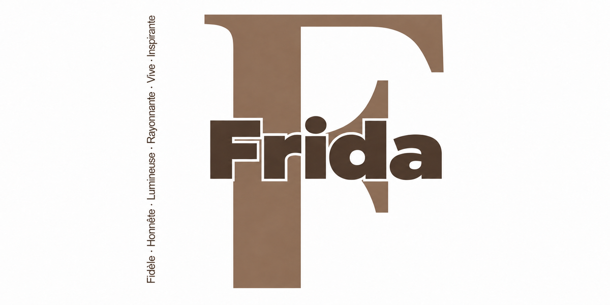 Visuel à plat du mug prénom Frida : initiale F pleine hauteur, prénom Frida centré et ligne verticale « Fidèle · Honnête · Lumineuse · Rayonnante · Vive · Inspirante »