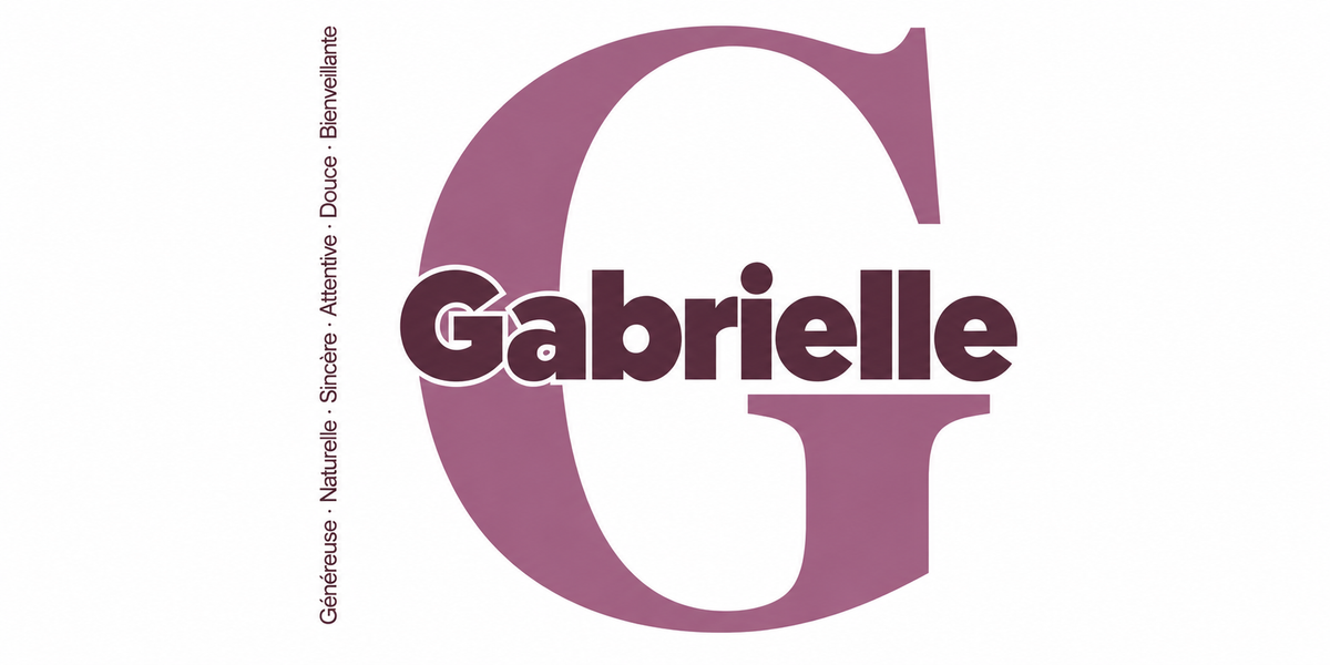 Visuel à plat du mug prénom Gabrielle : initiale G pleine hauteur, prénom Gabrielle centré et ligne verticale « Généreuse · Naturelle · Sincère · Attentive · Douce · Bienveillante »