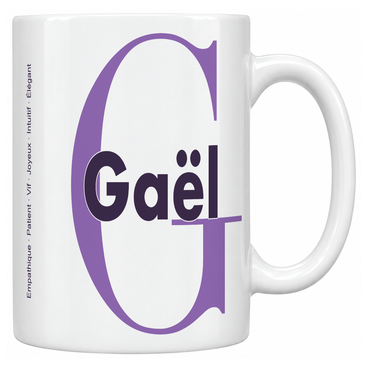 Mug blanc céramique 330 ml prénom Gaël : grande initiale G, prénom Gaël en lettres bold et six qualités verticales sur le côté