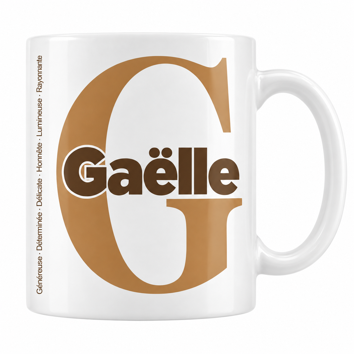 Mug blanc céramique 330 ml prénom Gaëlle : grande initiale G, prénom Gaëlle en lettres bold et six qualités verticales sur le côté
