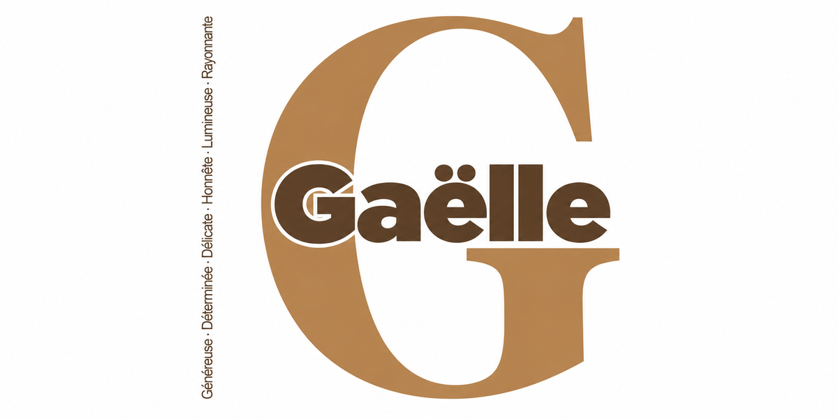 Visuel à plat du mug prénom Gaëlle : initiale G pleine hauteur, prénom Gaëlle centré et ligne verticale « Généreuse · Déterminée · Délicate · Honnête · Lumineuse · Rayonnante »