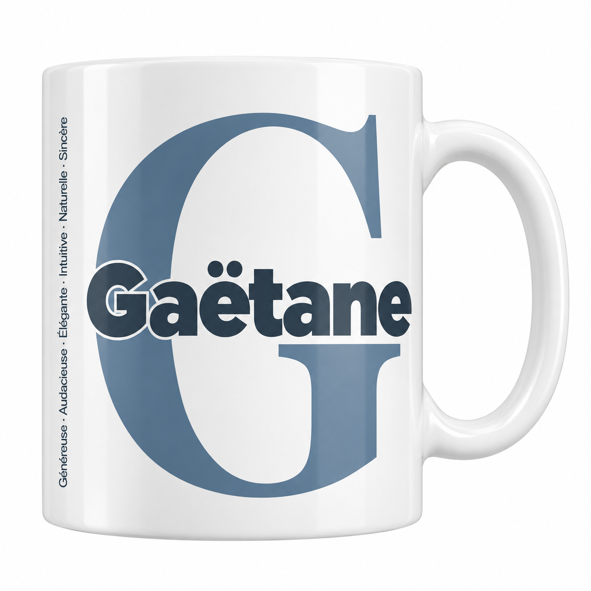 Mug blanc céramique 330 ml prénom Gaëtane : grande initiale G, prénom Gaëtane en lettres bold et six qualités verticales sur le côté