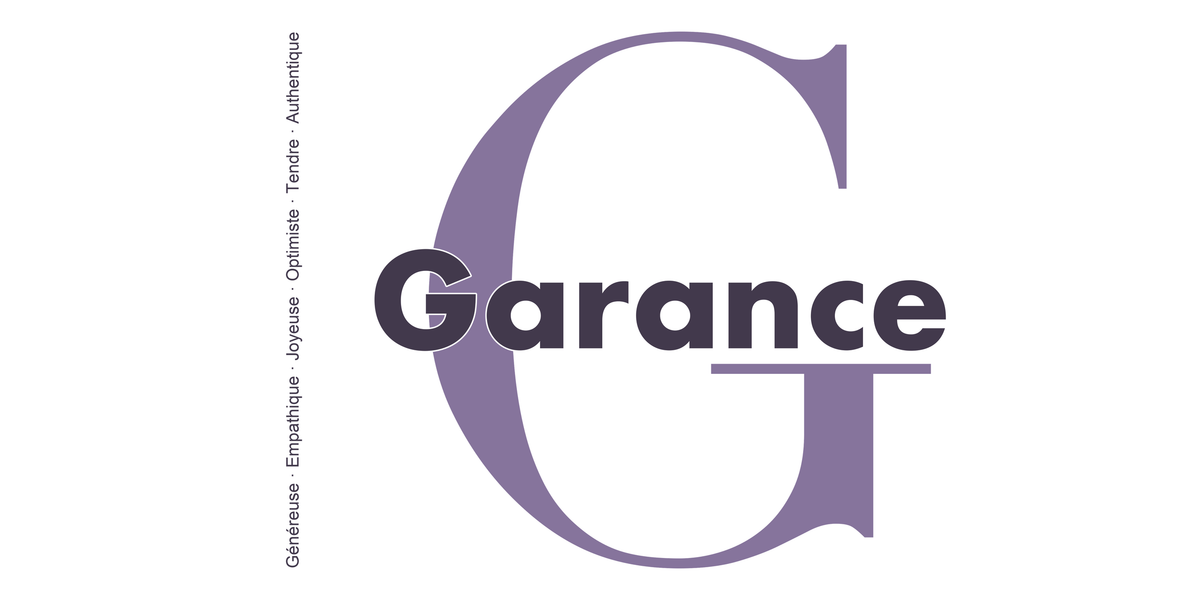 Visuel à plat du mug prénom Garance : initiale G pleine hauteur, prénom Garance centré et ligne verticale « Généreuse · Empathique · Joyeuse · Optimiste · Tendre · Authentique »