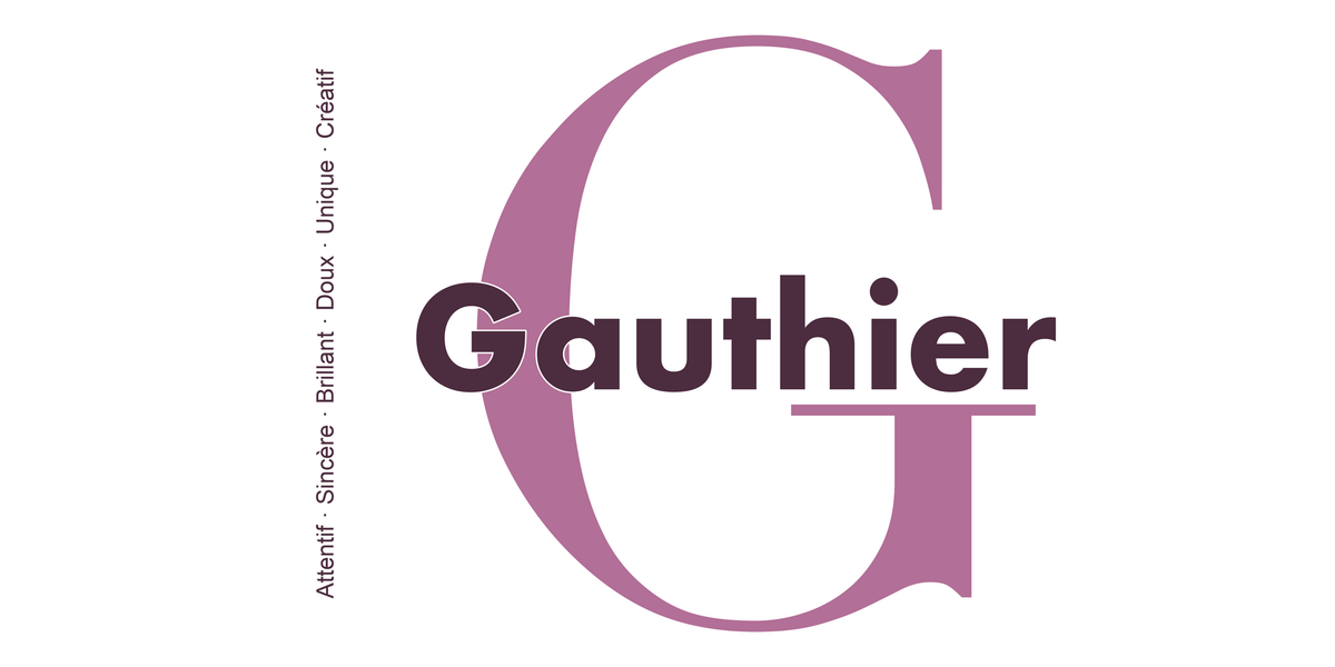 Visuel à plat du mug prénom Gauthier : initiale G pleine hauteur, prénom Gauthier centré et ligne verticale « Attentif · Sincère · Brillant · Doux · Unique · Créatif »