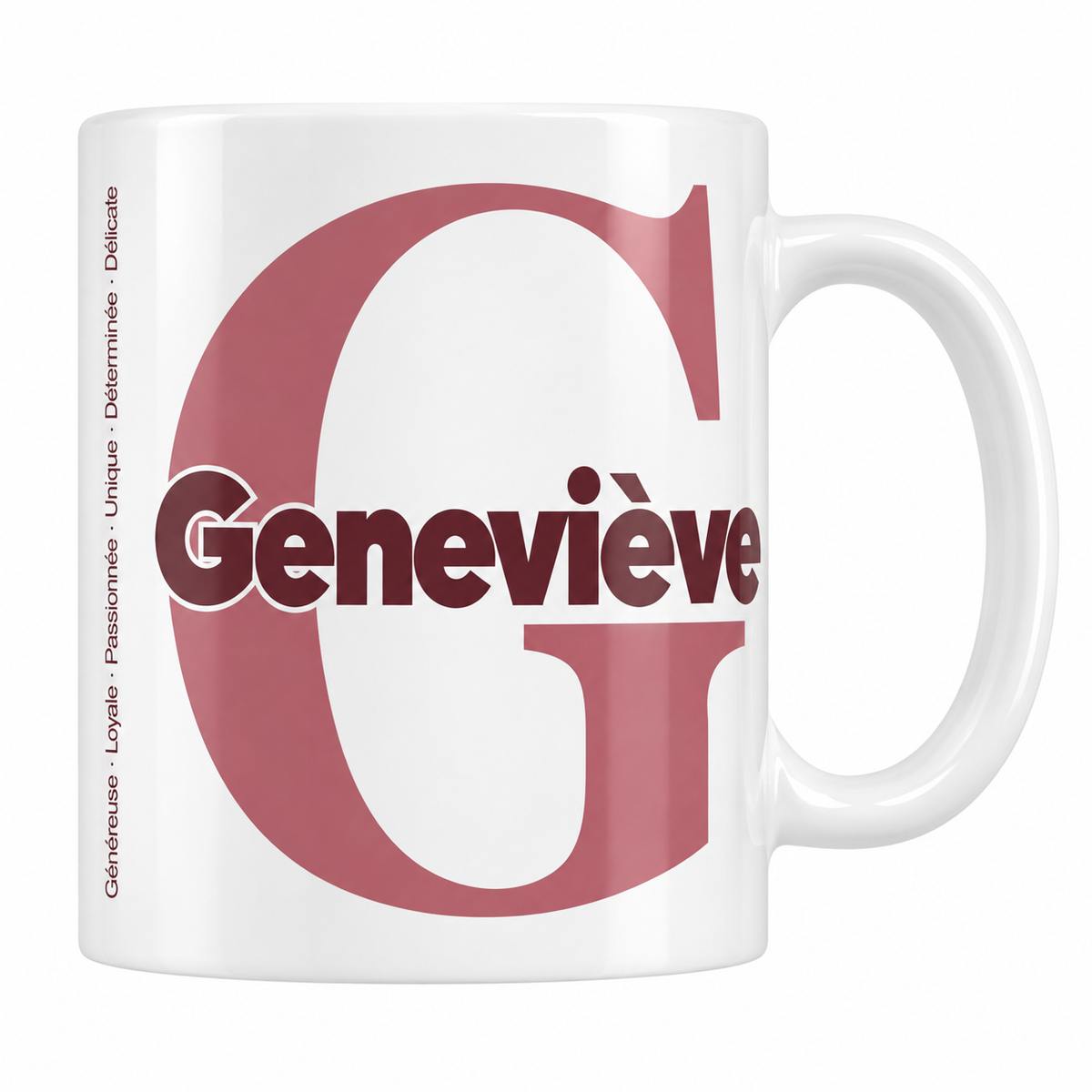 Mug blanc céramique 330 ml prénom Geneviève : grande initiale G, prénom Geneviève en lettres bold et six qualités verticales sur le côté