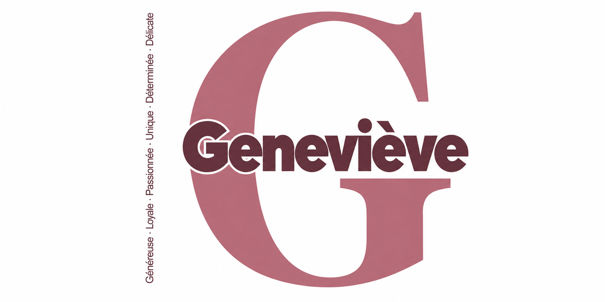 Visuel à plat du mug prénom Geneviève : initiale G pleine hauteur, prénom Geneviève centré et ligne verticale « Généreuse · Loyale · Passionnée · Unique · Déterminée · Délicate »